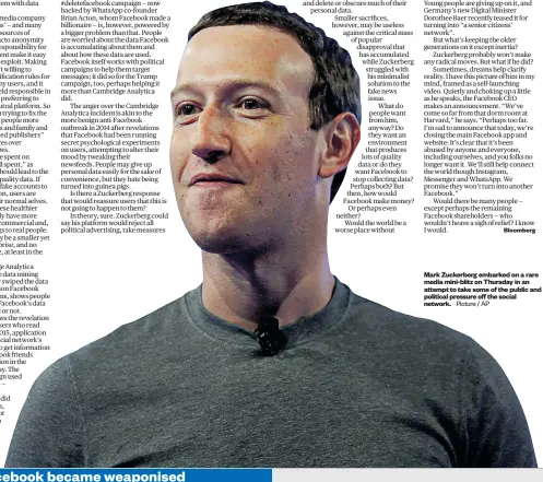  ?? Picture / AP ?? Mark Zuckerberg embarked on a rare media mini-blitz on Thursday in an attempt to take some of the public and political pressure off the social network.
