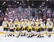  ?? USA Today Sports ?? Nashville Predators players celebrate after defeating the Colorado Avalanche in game six of the first round play-offs.