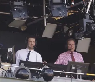 ?? ASSOCIATED PRESS FILE PHOTO ?? Tony Romo, left, and Jim Nantz appear in the broadcast booth before a Sept. 24 National Football League contest between the Cincinnati Bengals and the Green Bay Packers.