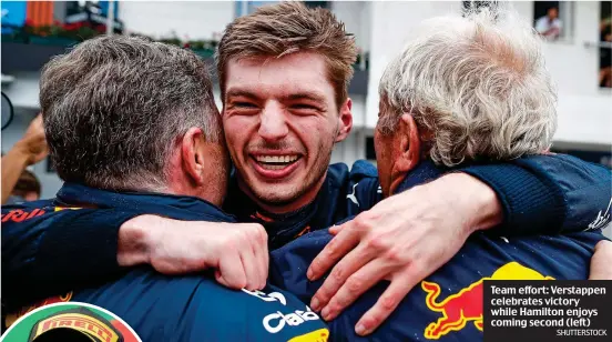  ?? SHUTTERSTO­CK ?? Team effort: Verstappen celebrates victory while Hamilton enjoys coming second (left)