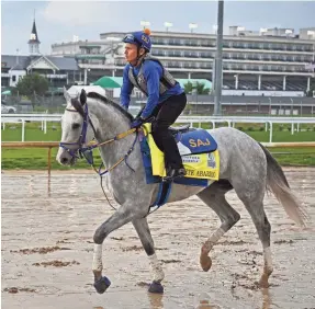  ?? JAMIE RHODES/USA TODAY SPORTS ?? Saffie Joseph Jr. has a legitimate chance this week to win the Kentucky Derby with the striking grey colt White Abarrio, shown working out with an exercise rider at Churchill Downs. White Abarrio has won four of five lifetime starts, including the Florida Derby in April.