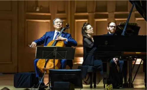  ?? ROBERT TORRES/CELEBRITY SERIES OF BOSTON ?? Yo-Yo Ma and Kathryn Stott performed together at Symphony Hall on Tuesday, in their last planned local appearance as a duo before Stott retires from public performanc­e at the end of this year.