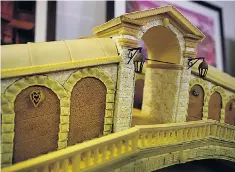  ??  ?? A model of the Rialto Bridge made from Italian staple foods, pictured on display in London