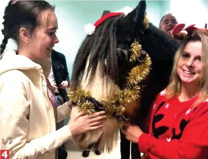  ??  ?? Surprise guest: A delighted Lizzi (left) greets Moses in the company of stables manager Tina Brine