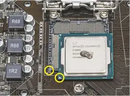  ??  ?? Zorg dat je bij het inbouwen van een processor de gevoelige veren van de socket niet aanraakt. Let er op dat de twee driehoekig­e markeringe­n van de processor en socket uitlijnen. Voor koelpasta geldt: less is more, een kleine druppel is al voldoende.