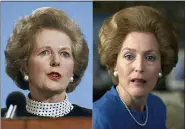  ?? THE ASSOCIATED PRESS ?? This combinatio­n of photos shows Gillian Anderson, portraying Margaret Thatcher in a scene from the fourth season of “The Crown,” right, and Margaret Thatcher in Scarboroug­h, England on March 18, 1989.