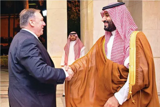  ?? Saudi Defense Ministry spokesman
AFP ?? The precision impact of the cruise missile indicates advanced capability beyond the capacity of Iran’s proxies.
Col. Turki Al-Maliki Saudi Crown Prince Mohammed bin Salman receives US Secretary of State Mike Pompeo in Jeddah on Wednesday.