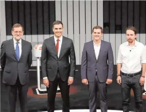  ?? // JAIME GARCIA ?? Mariano Rajoy, Pedro Sánchez, Albert Rivera y Pablo Iglesias, en un debate electoral de junio de 2016