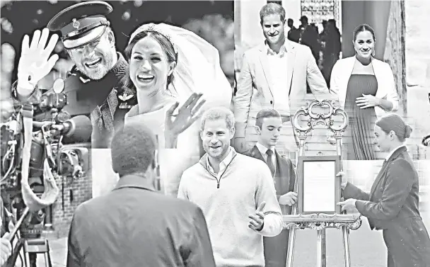  ?? — Reuters photos ?? (Clockwise from top left) Prince Harry and his wife Meghan wave as they ride a horse-drawn carriage after their wedding ceremony at St George’s Chapel in Windsor Castle in Windsor, Britain on May 19, 2018 • Britain’s Meghan, Duchess of Sussex and Prince Harry the Duke of Sussex visit the Andalusian Gardens in Rabat, Morocco on Feb 25 • Footmen Stephen Kelly and Sarah Thompson bring out the easel in the forecourt of Buckingham Palace to formally announce the birth of a baby boy to Prince Harry and Meghan in London on Monday and Prince Harry smiles as he speaks to the media after Meghan gave birth to a baby boy.