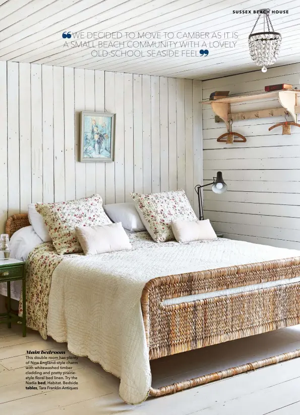  ??  ?? Main bedroom
This double room has plenty of New England-style charm with whitewashe­d timber cladding and pretty prairiesty­le floral bed linen. Try the Nadia bed, Habitat. Bedside tables, Tara Franklin Antiques