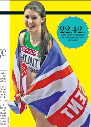  ??  ?? Flying the flag: Amy Hunt, who will begin university life at Cambridge next week, celebrates her British indoor 60 metre title earlier this year