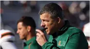  ?? (AP Photo/Mark Stockwell) ?? Miami head coach Mario Cristobal is pictured before a game against Boston College on Nov. 24 in Boston.