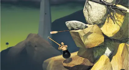  ??  ?? Die Spielfigur bei „Getting Over It with Bennett Foddy“ist ein halbnackte­r Mann im Eisenkesse­l.