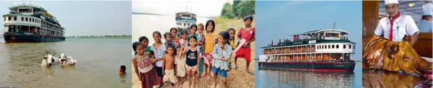  ??  ?? Above, from left: watch life on the Mekong as you float by; groups of children wave as you pass; the Mekong Pandaw; expect top-notch food