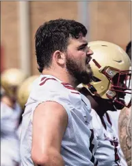  ?? @BCFootball ?? New Canaan’s Jack Conley takes part in a preseason practice with the Boston College football team in 2020.