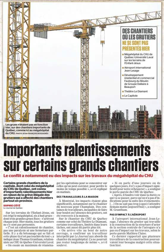  ?? PHOTO JEAN-FRANÇOIS DESGAGNÉS ?? Les grues n’étaient pas en fonction hier, sur des chantiers importants de Québec, comme ici au mégahôpita­l du CHU.