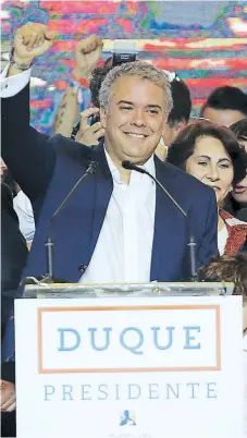  ?? FOTO: AP ?? El presidente electo Iván Duque durante su discurso tras darse a conocer los resultados de la segunda vuelta.