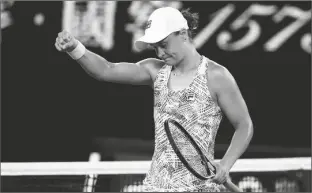  ?? HAMISH BLAIR/AP ?? ASH BARTY OF AUSTRALIA REACTS after defeating Madison Keys of the U.S. in their semifinal match at the Australian Open championsh­ips in Melbourne, Australia, Thursday.