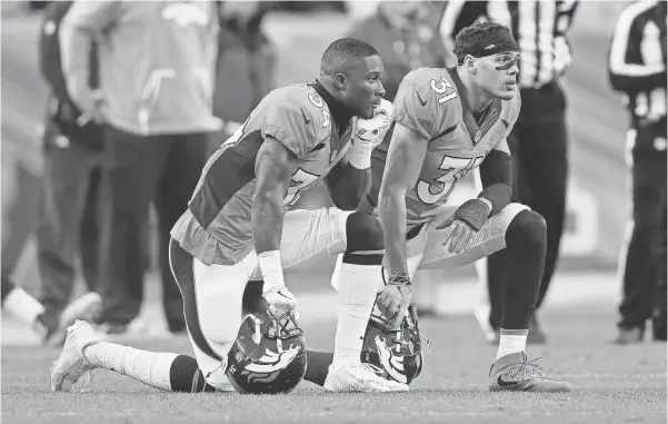  ?? ISAIAH J. DOWNING, USA TODAY SPORTS ?? Broncos safeties Will Parks, left, and Justin Simmons, who both played Monday against the Chargers, nicknamed themselves “Baby No Fly Zone” last year.