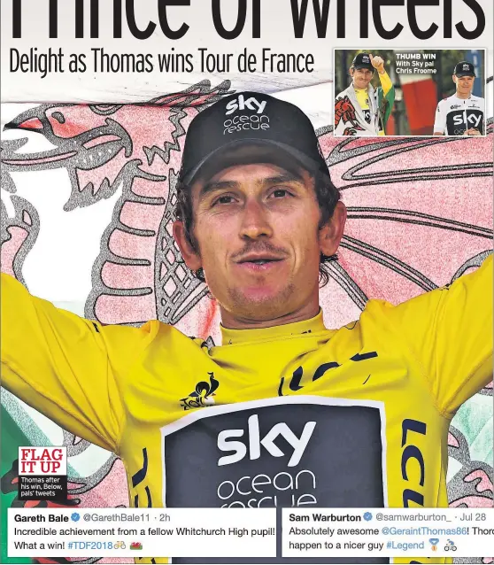  ??  ?? Thomas after his win, Below, pals’ tweets THUMB WIN With Sky pal Chris Froome