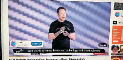  ?? ?? Manipulate­d: The fake adverts claimed that
Elon Musk (above) had especially developed the product for South Africans. Adverts purportedl­y of billionair­e Johann Rupert (left) and SABC anchor Leanne Manas (bottom) were used to entice investors.