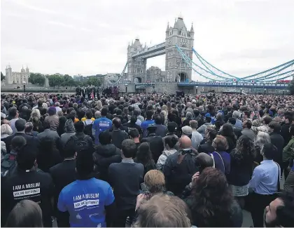  ?? Picture / AP ?? Thousands of people attended a vigil at London’s Potter’s Field Park yesterday for the victims of the attack.