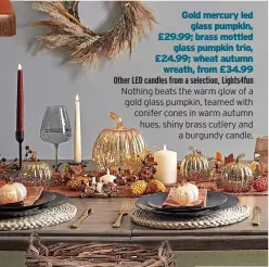  ?? ?? Ero velvet tassel floor lamp £165, Oliver Bonas (available from October)
Gold mercury led glass pumpkin, £29.99; brass mottled glass pumpkin trio, £24.99; wheat autumn wreath, from £34.99 Other LED candles from a selection, Lights4fun Nothing beats the warm glow of a gold glass pumpkin, teamed with conifer cones in warm autumn hues, shiny brass cutlery and a burgundy candle.