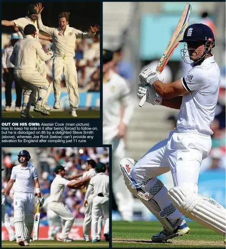  ??  ?? OUT ON HIS OWN: Alastair Cook (main picture) tries to keep his side in it after being forced to follow-on, but he is dislodged on 85 by a delighted Steve Smith (above), whereas Joe Root (below) can’t provide any salvation for England after compiling...
