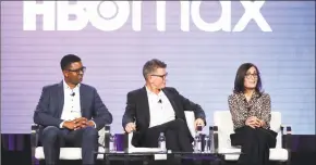  ?? Willy Sanjuan / Associated Press ?? Michael Quigley, Kevin Reilly and Sarah Aubrey appear at the HBO Max Executive Sessions panel during the HBO Television Critics Associatio­n 2020 Winter Press Tour.