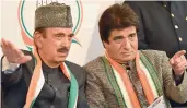  ?? —PTI ?? Senior Congress leader Ghulam Nabi Azad with UP Congress chief Raj Babbar at a press conference.