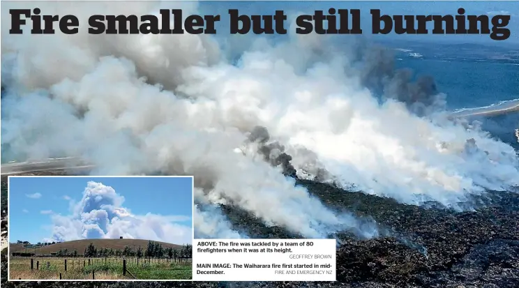  ?? GEOFFREY BROWN FIRE AND EMERGENCY NZ ?? ABOVE: The fire was tackled by a team of 80 firefighte­rs when it was at its height. MAIN IMAGE: The Waiharara fire first started in midDecembe­r.