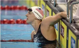  ?? Photograph: Gregory Shamus/Getty Images ?? Katie Ledecky reacts after setting a world record and winning the women's 1500m final on Saturday at the Fina Swimming World Cup at the Pan Am Sports Centre in Toronto, Ontario.