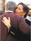  ?? Scott Strazzante / The Chronicle ?? Oakland Mayor Libby Schaaf embraces a well-wisher before speaking about ICE.