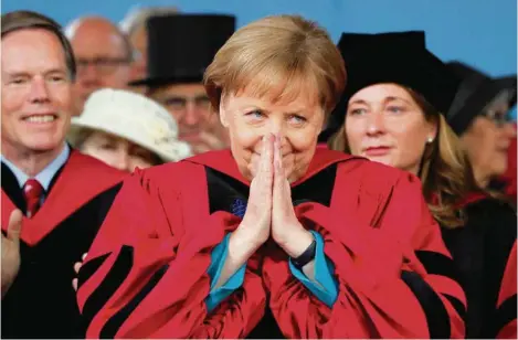  ?? (BRIAN SNYDER/REUTERS) ?? Angela Merkel à Harvard: «N’oubliez pas que la liberté ne doit jamais être tenue pour acquise.»