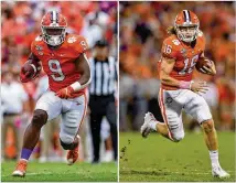  ?? RIGHT: AP PHOTOS 2019 ?? LEFT: Clemson’s Travis Etienne has run for 392 yards and four touchdowns this season and set a college record of 39 gameswith a touchdown, surpassing the likes ofHeismanw­inner TimTebow.
Quarterbac­k Trevor Lawrence has thrown for 1,140 yards and 10 touchdowns­with no intercepti­ons this season.