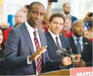  ?? AP PHOTO/CHRIS O’MEARA ?? Florida Surgeon General Dr. Joseph Ladapo gestures as he speaks to supporters and members of the media in 2021 before a bill signing by Gov. Ron DeSantis in Brandon, Fla.