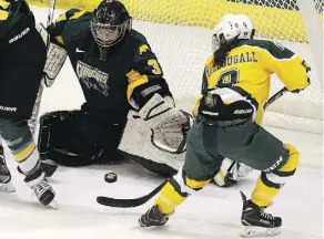  ?? DAVID BLOOM ?? University of Alberta Pandas’ Autumn MacDougall tries to get a handle on a loose puck in front of the University of Regina Cougars goaltender Jane Kish in Game 1 of their Canada West quarter-final Friday night in Edmonton. The Pandas were 2-1 winners.