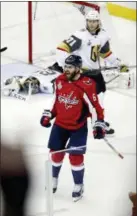  ?? PABLO MARTINEZ MONSIVAIS — THE ASSOCIATED PRESS ?? Washington Capitals defenseman Michal Kempny (6), of the Czech Republic, celebrates his goal against Vegas Golden Knights goaltender Marc-Andre Fleury, face down rear, during the third period in Game 4 of the NHL hockey Stanley Cup Final Monday in...