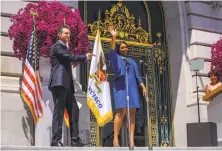  ?? Gabrielle Lurie / The Chronicle ?? Mayor London Breed waves to the crowd moments after taking the oath of office during the inaugurati­on outside City Hall.