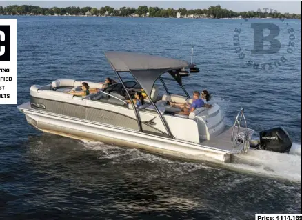  ??  ?? SPECS: LOA: 28'6" BEAM: 12'6" DRAFT: 1'6" DRY WEIGHT: 3,400 lb. SEAT/WEIGHT CAPACITY: 16/2,230 lb. FUEL CAPACITY: 58 gal.
HOW WE TESTED: ENGINE: Mercury 300 FourStroke DRIVE/PROP: Outboard/Mercury Enertia 14" x 19" 3-blade stainless steel GEAR RATIO: 1.75:1 FUEL LOAD: 43 gal. CREW WEIGHT: 400 lb. Price: $114,169