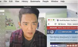  ?? SEBASTIAN BARON/SONY PICTURES SEBASTIAN BARON/SONY PICTURES ?? John Cho spends a lot of time on his webcam while looking for his missing daughter in “Searching.”