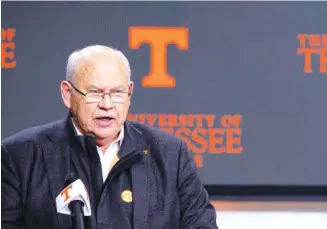  ?? PHOTO BY ANDREW FERGUSON/TENNESSEE ATHLETICS ?? Phillip Fulmer speaks during Monday’s news conference in Knoxville.
