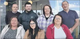  ?? (Pic: John Ahern) ?? Locals who were involved with the collection, loading and delivery of vital supplies to war torn Ukraine, seated, l-r: Noreen Cody, Edyta Kowalczyk and Lillian Flynn; back, l-r: Patrick Coleman (Hendrick), Jamie Gibbons, Caitlin Cody and driver Mick Sweeney.