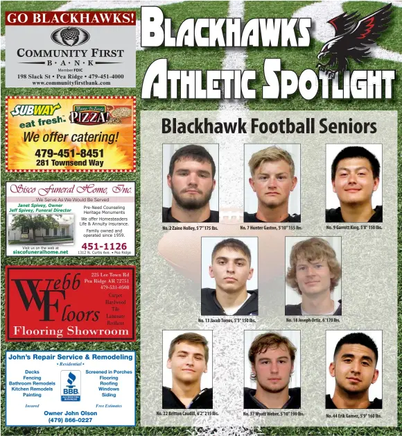  ??  ?? No. 2 Zaine Holley, 5’7” 175 lbs. No. 22 Britton Caudill, 6’2” 215 lbs. No. 7 Hunter Gaston, 5’10” 135 lbs. No. 13 Jacob Torres, 5’5” 150 lbs. No. 37 Wyatt Weber, 5’10” 190 lbs. No. 9 Garrett King, 5’8” 150 lbs. No. 18 Joseph Ortiz, 6’ 170 lbs. No. 44...