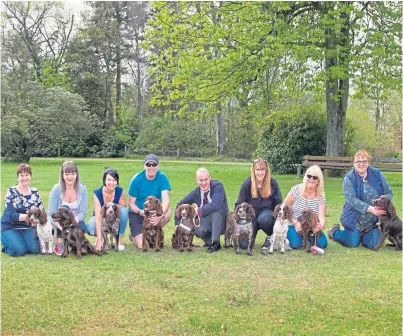  ?? Picture: Paul Reid. ?? Jacqui Low, third right, with Fern (mother of all the dogs) and Thomas Masters, fourth right, with his film star Bravehound dog Antis. Also pictured are owners and their dogs from the 11 Fern gave birth to exactly a year ago.