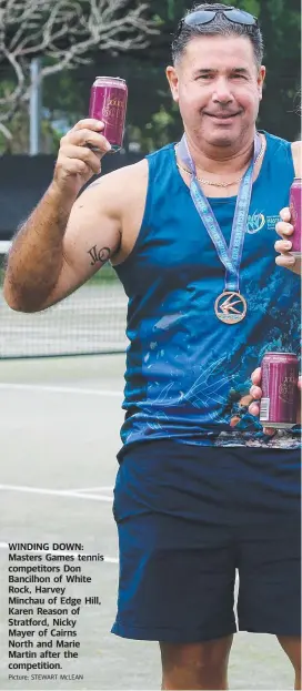  ?? Picture: STEWART McLEAN ?? WINDING DOWN: Masters Games tennis competitor­s Don Bancilhon of White Rock, Harvey Minchau of Edge Hill, Karen Reason of Stratford, Nicky Mayer of Cairns North and Marie Martin after the competitio­n.