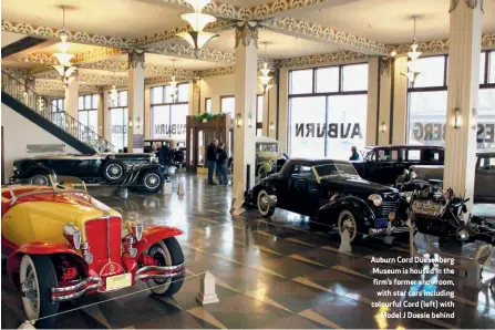  ??  ?? Auburn Cord Duesenberg Museum is housed in the firm’s former showroom, with star cars including colourful Cord (left) with Model J Duesie behind