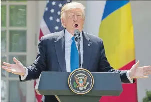  ?? AP PHOTO ?? U.S. President Donald Trump speaks during a news conference in the Rose Garden at the White House Friday in Washington.