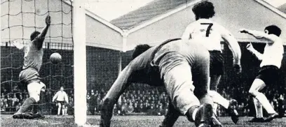  ??  ?? Bobby Gould heads in number three from Hibbitt’s effort which came back off the bar