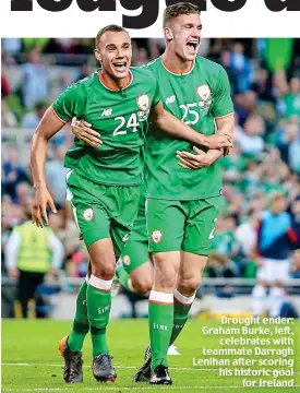  ??  ?? Drought ender: Graham Burke, left, celebrates with teammate Darragh Lenihan after scoring his historic goal for Ireland